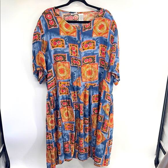 Vintage printed button up short sleeve scoop neck babydoll dress sz 2X - Picture 1 of 6